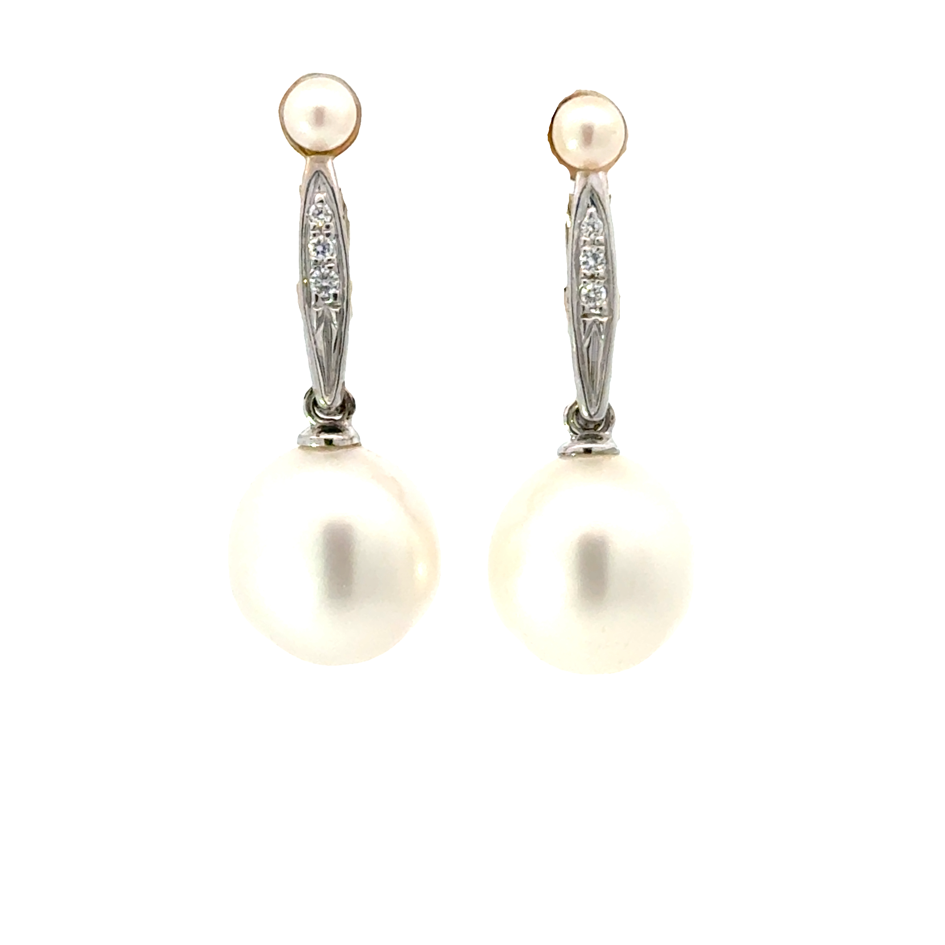 14 KARAT WHITE GOLD PEARL AND DIAMOND DROP EARRINGS