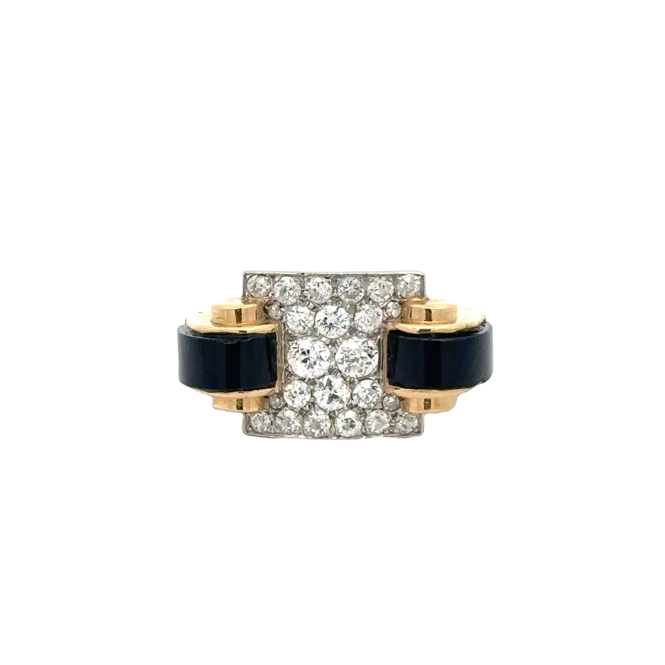 18 KARAT GOLD, PLATINUM DIAMOND AND ONYX VINTAGE RING