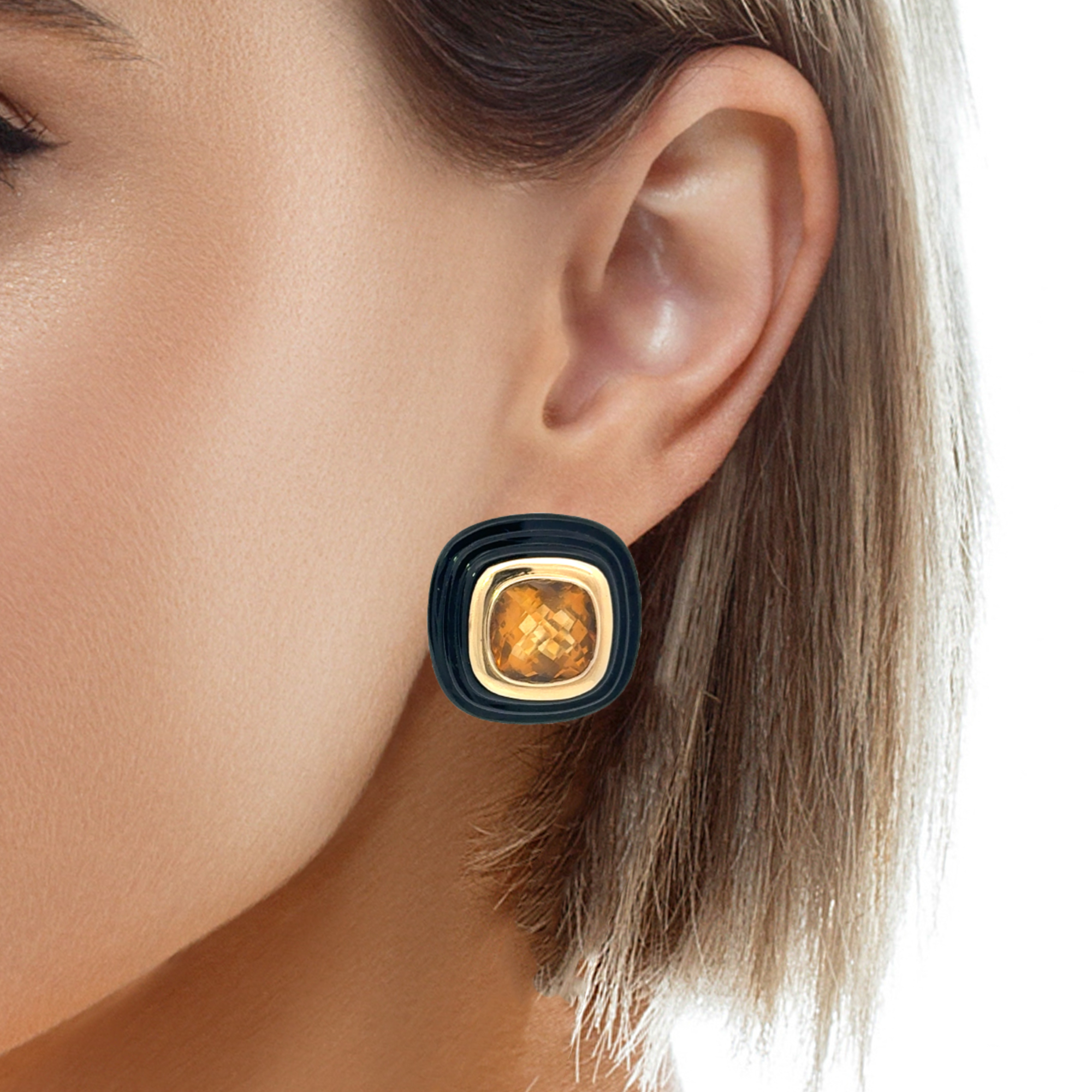14 KARAT GOLD CITRINE & ONYX EARRINGS