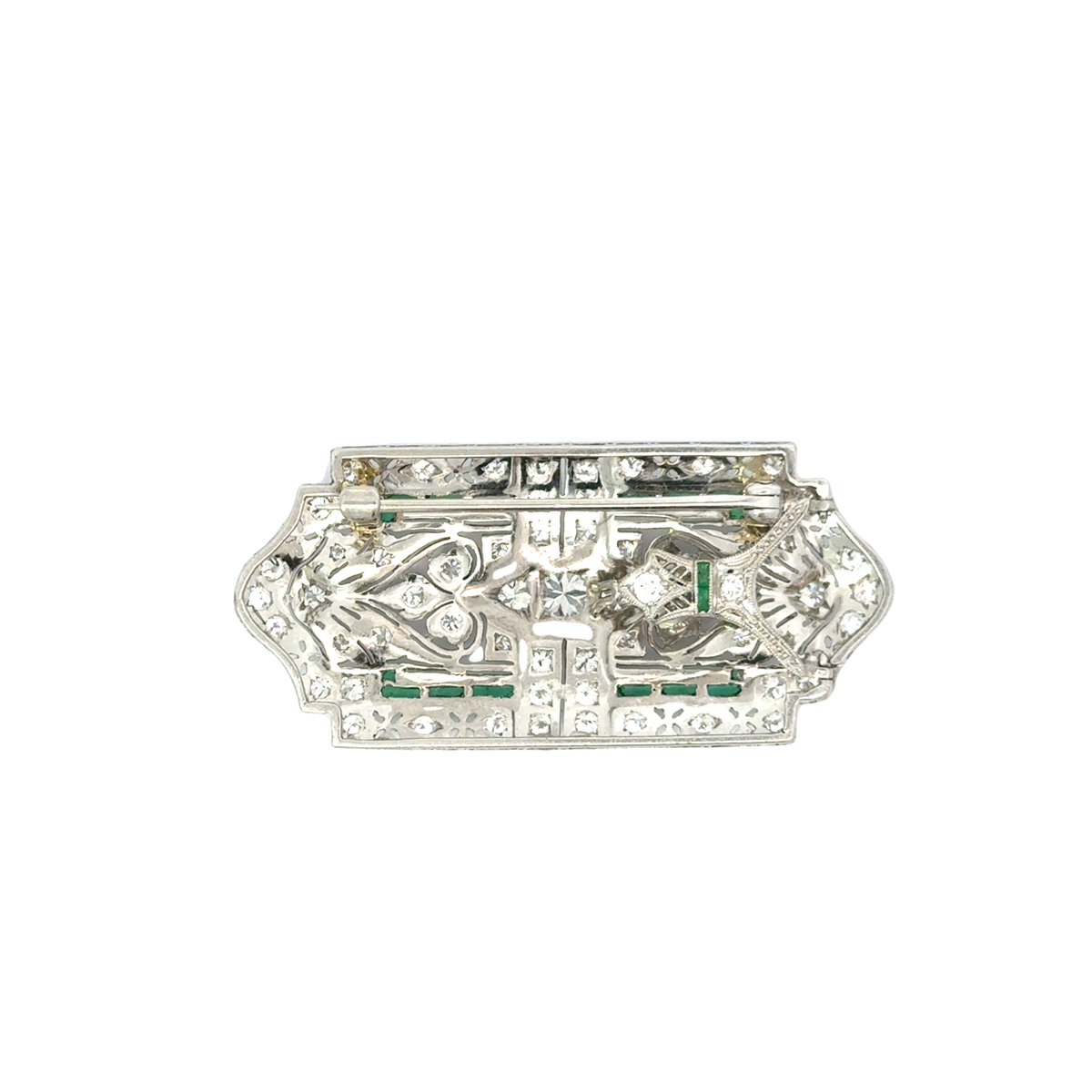 ART DECO 14 KARAT GOLD DIAMOND AND EMERALD BROOCH