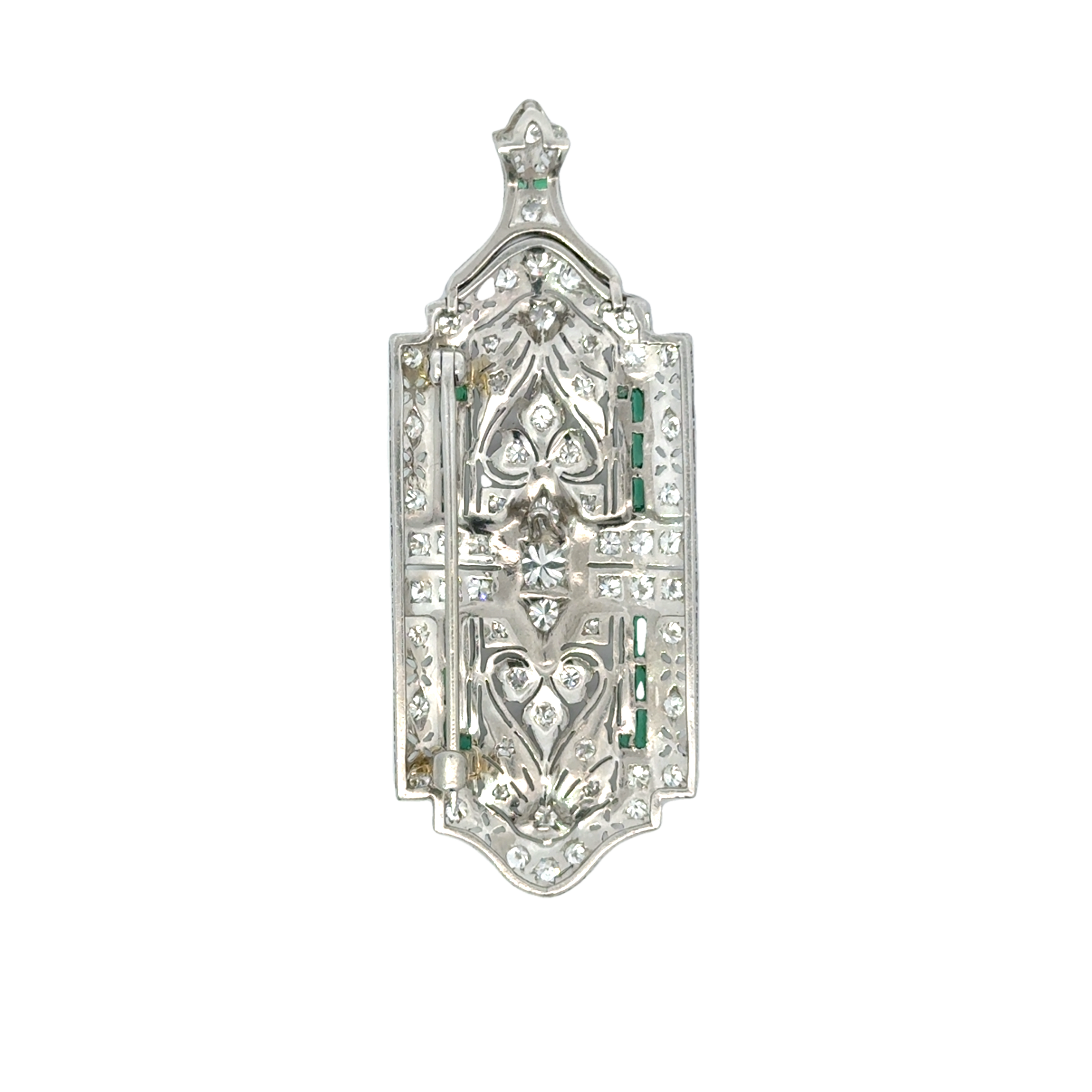 ART DECO 14 KARAT GOLD DIAMOND AND EMERALD BROOCH
