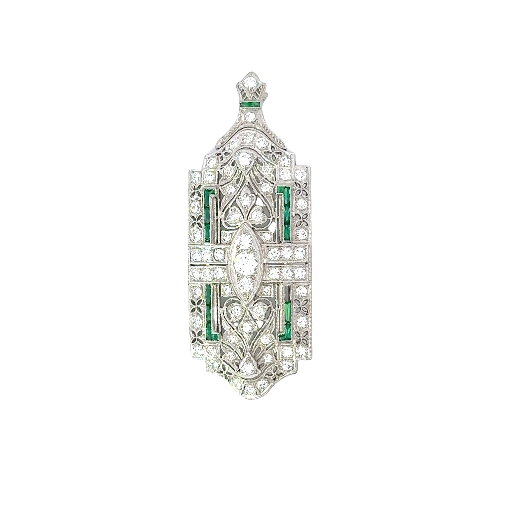 ART DECO 14 KARAT GOLD DIAMOND AND EMERALD BROOCH