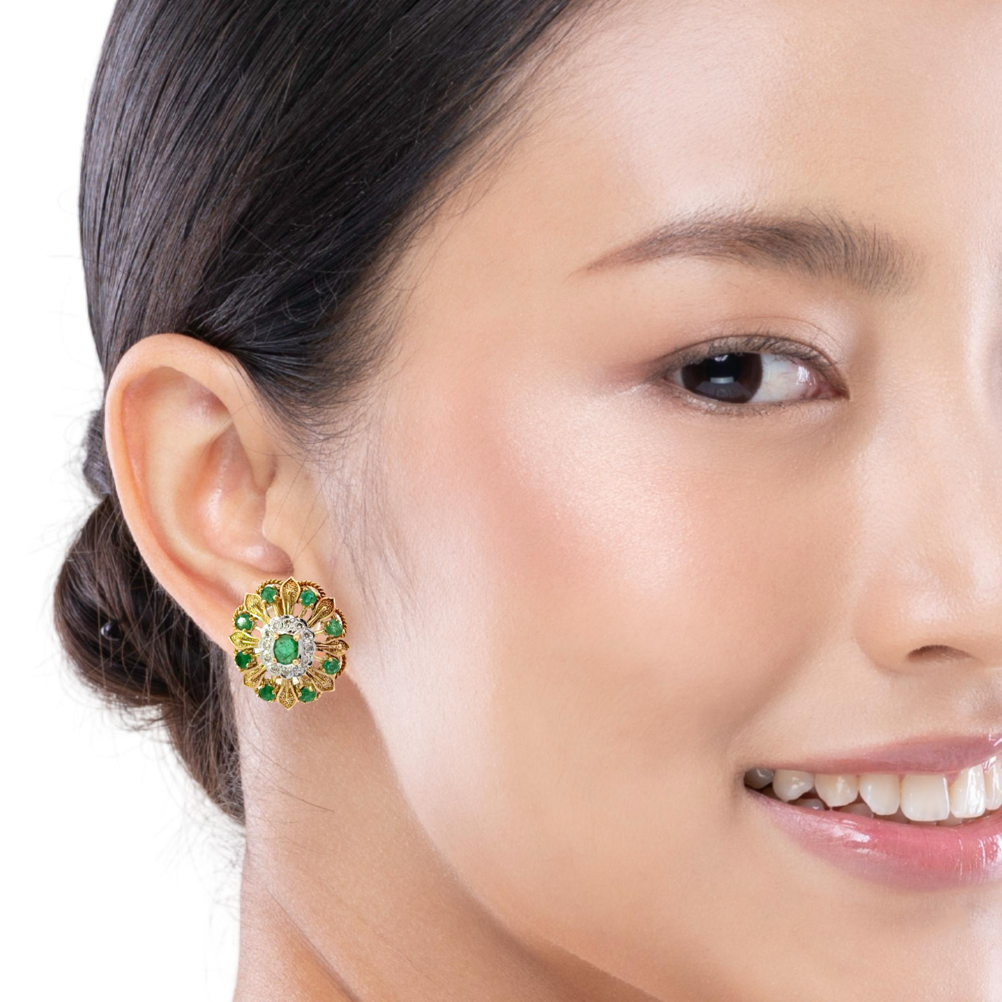 14 KARAT GOLD EMERALD AND DIAMOND EARRINGS