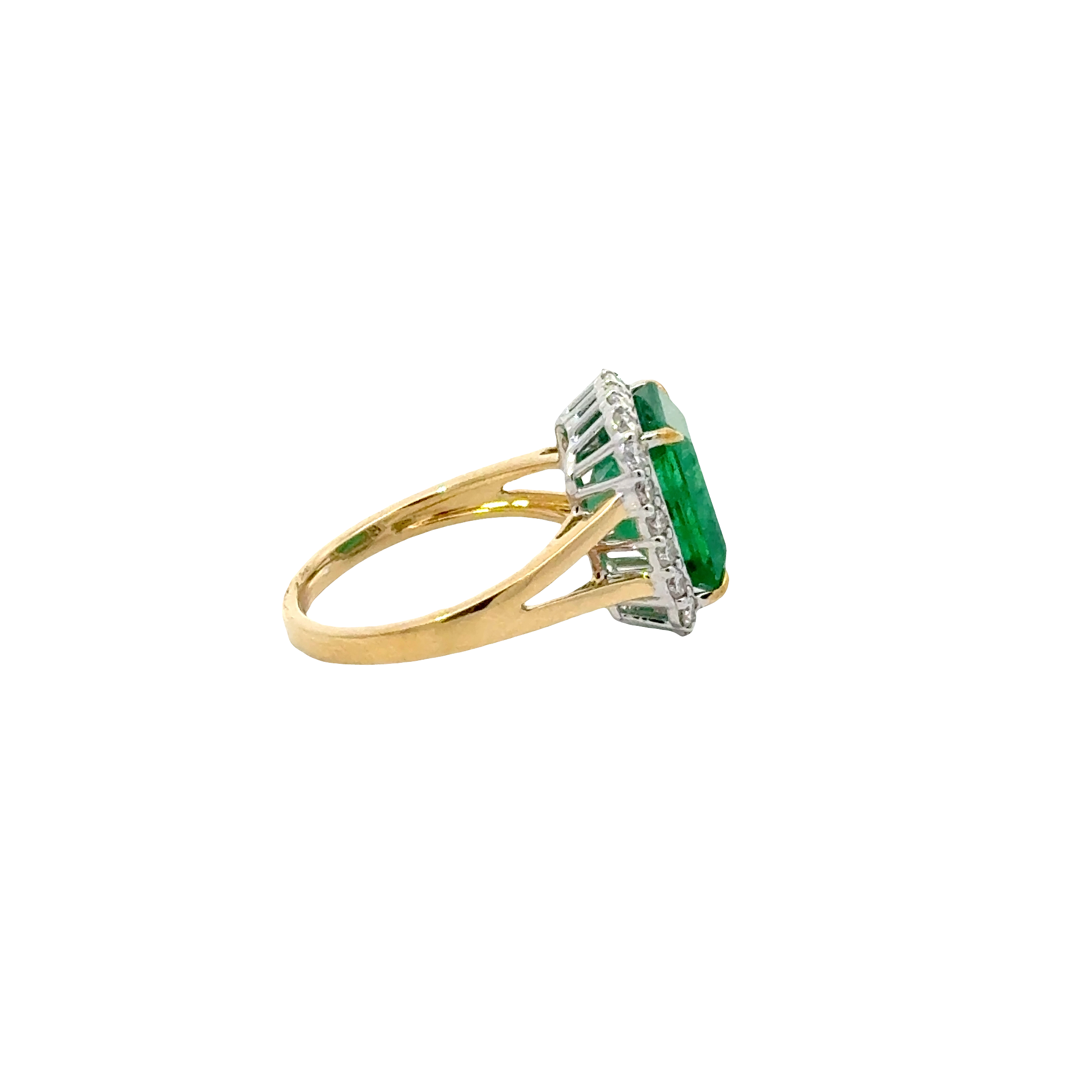 18 KARAT EMERALD AND DIAMOND HALO RING