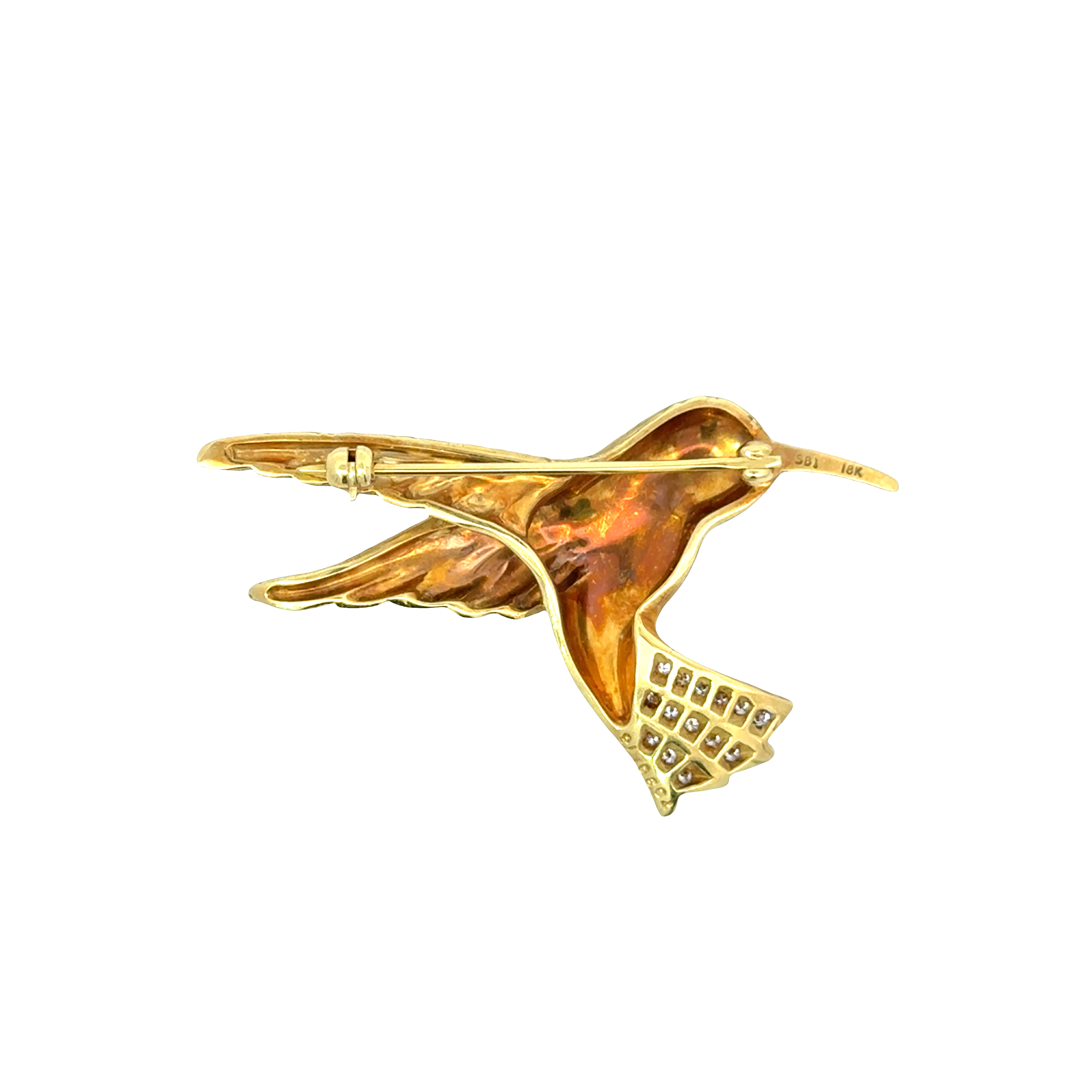 18 KARAT YELLOW GOLD HUMMINGBIRD BROOCH