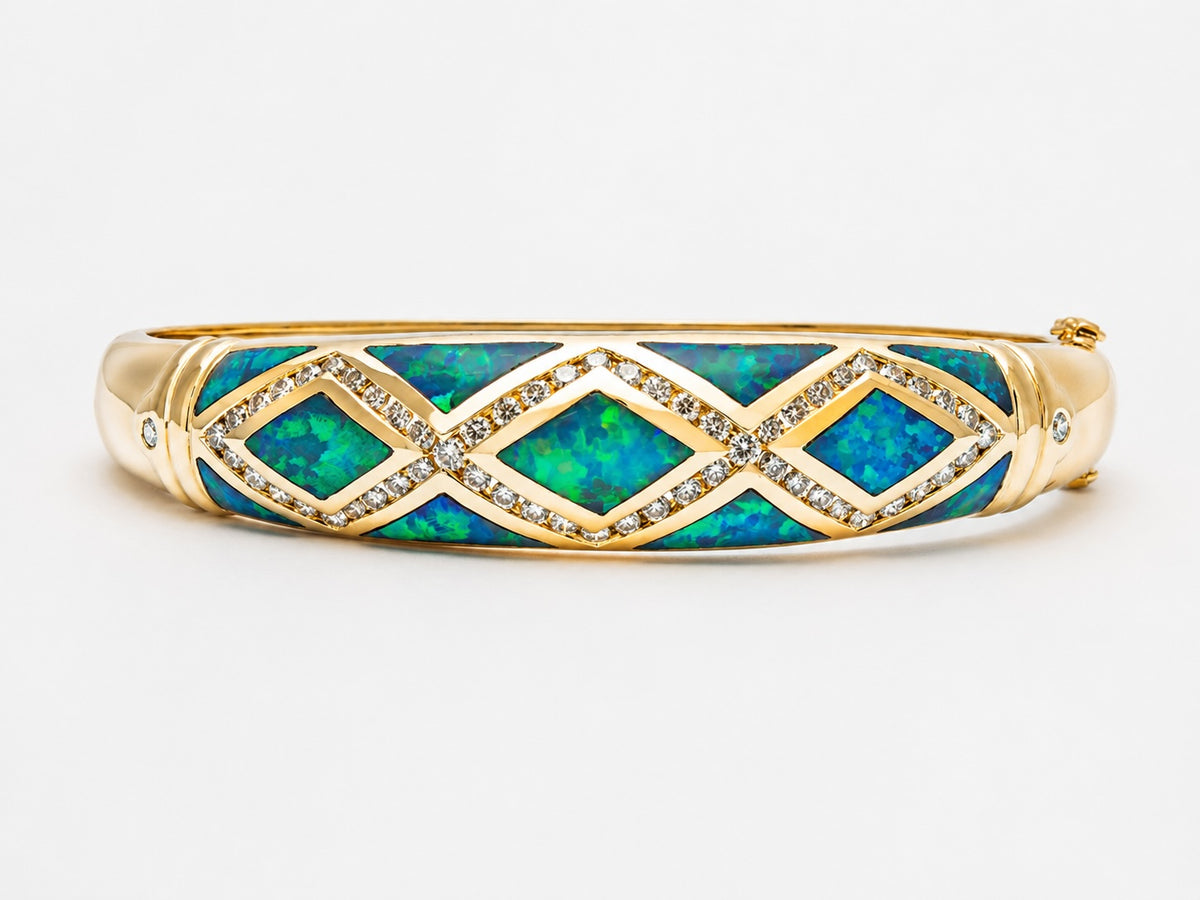 14 KT VINTAGE BLACK OPAL AND DIAMOND BRACELET