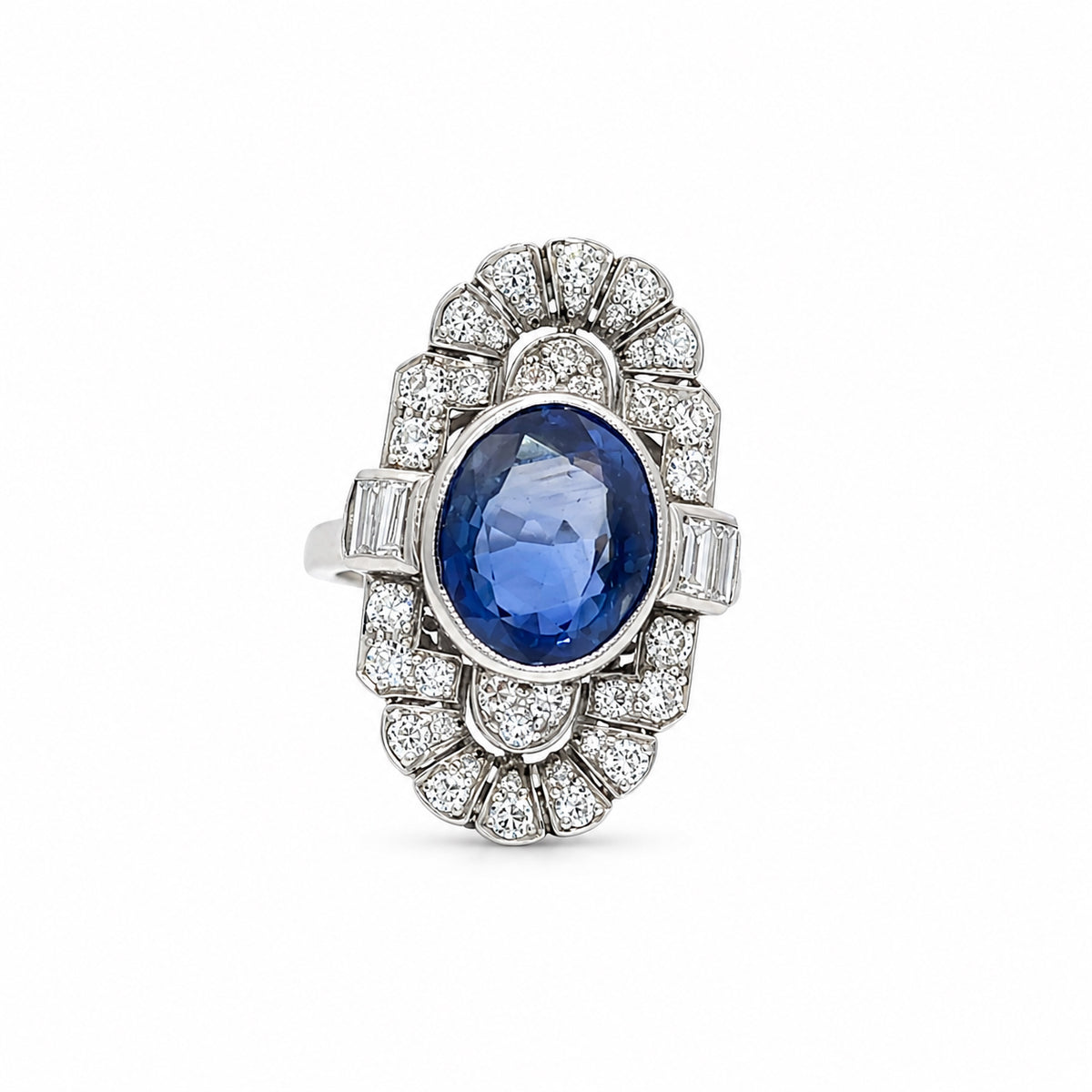 3.5 CARAT CEYLON SAPPHIRE AND DIAMOND ART DECO RING