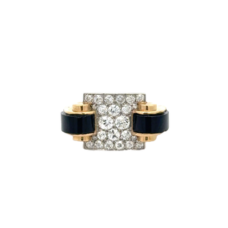 18 KARAT GOLD, PLATINUM DIAMOND AND ONYX VINTAGE RING