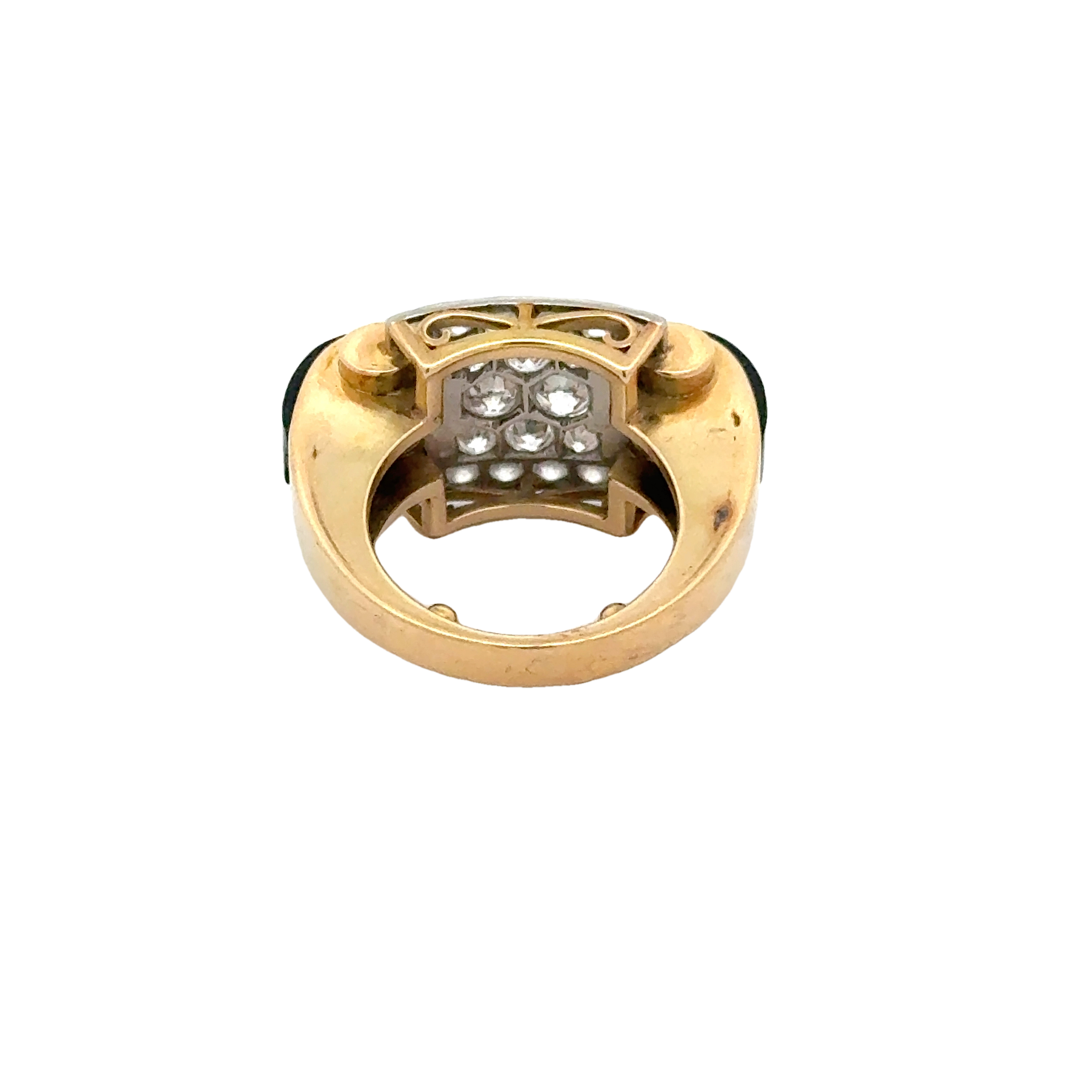 18 KARAT GOLD, PLATINUM DIAMOND AND ONYX VINTAGE RING