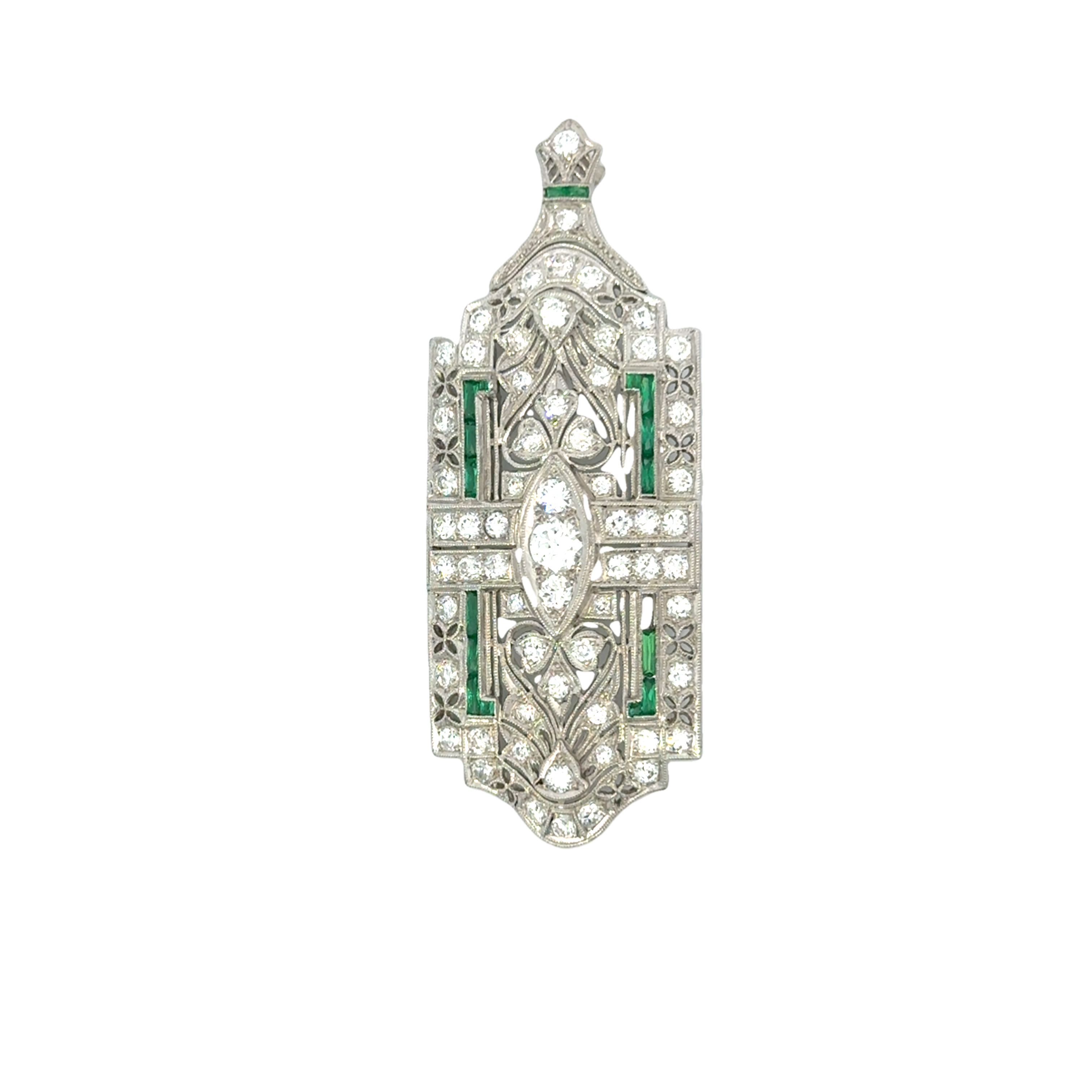 ART DECO 14 KARAT GOLD DIAMOND AND EMERALD BROOCH