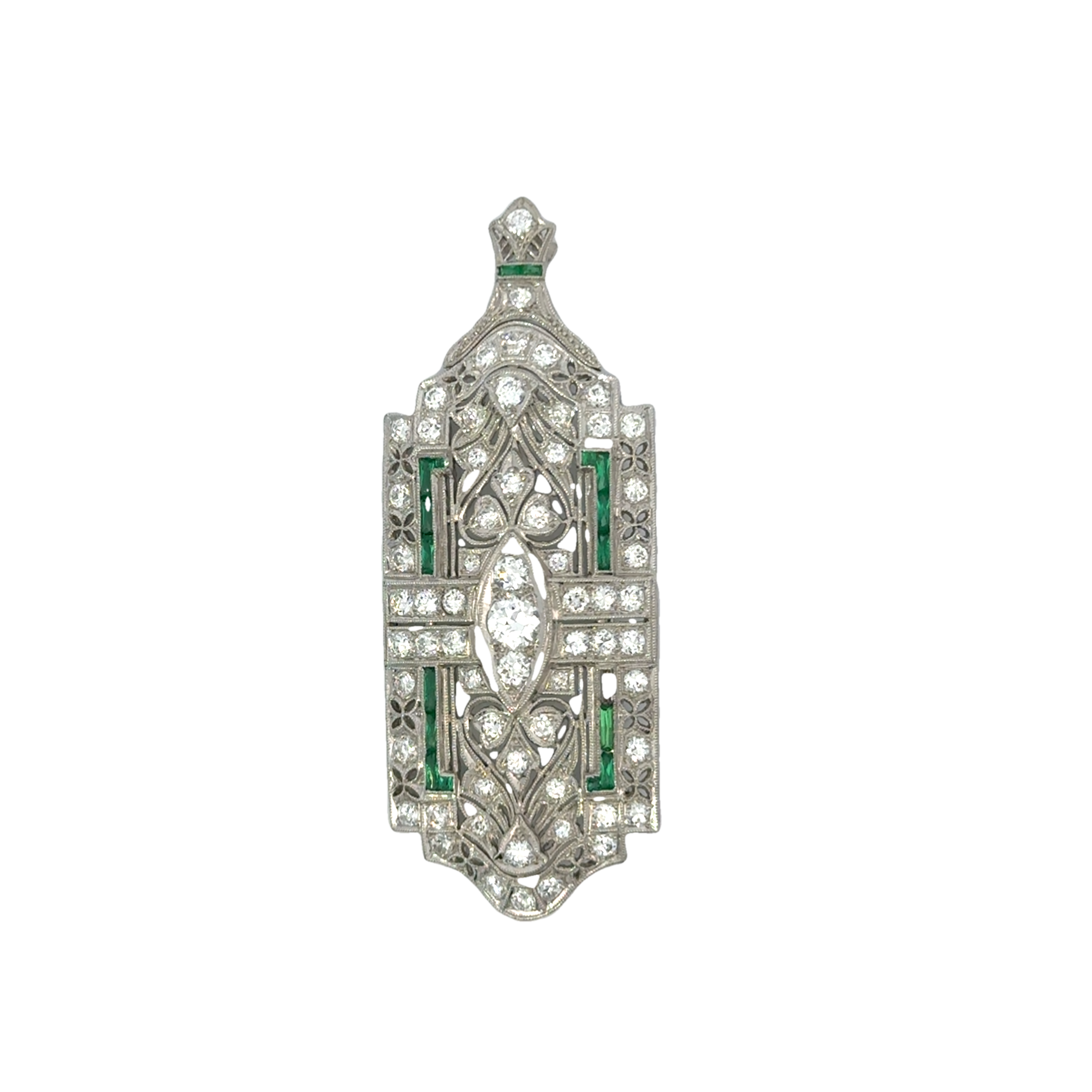 ART DECO 14 KARAT GOLD DIAMOND AND EMERALD BROOCH