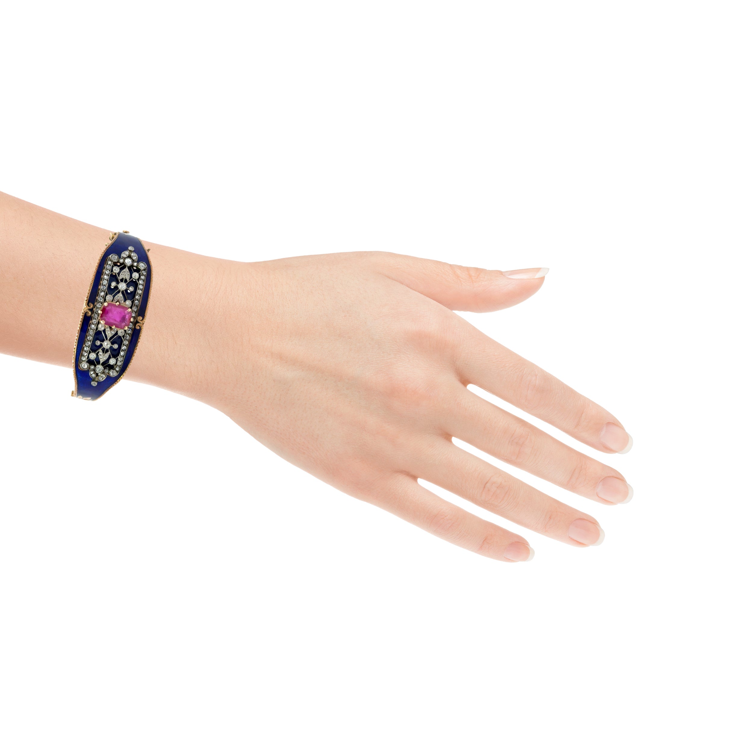 VICTORIAN GOLD RUBY, DIAMOND AND ENAMEL BRACELET