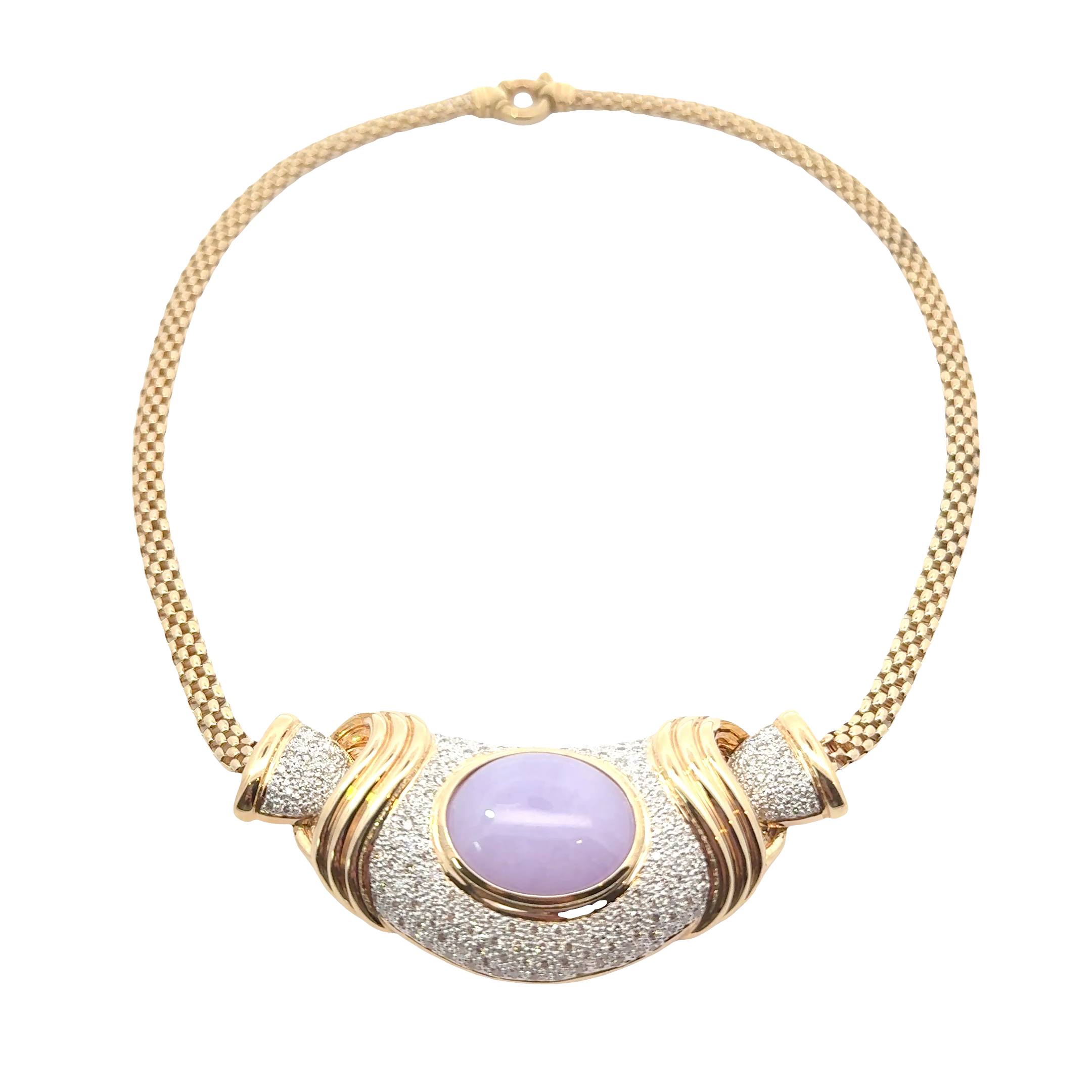 14 KARAT YELLOW GOLD LAVENDER JADE AND DIAMOND NECKLACE