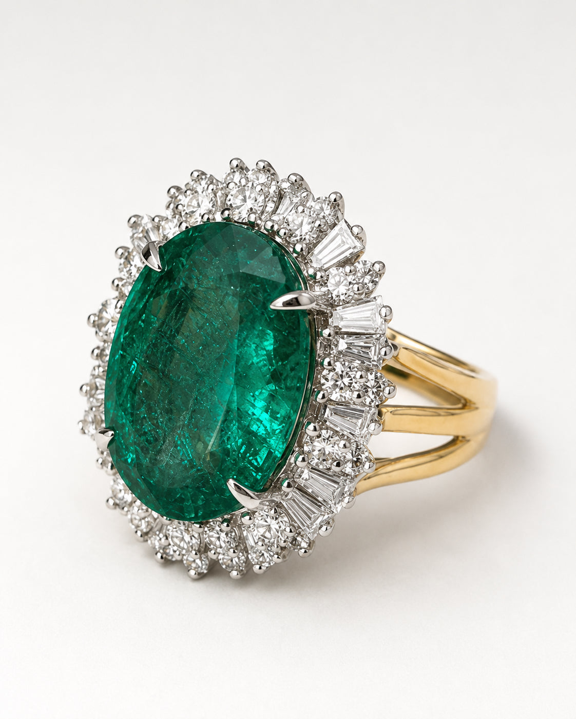 8.5 CARAT EMERALD AND DIAMOND SUNBURST COCKTAIL RING