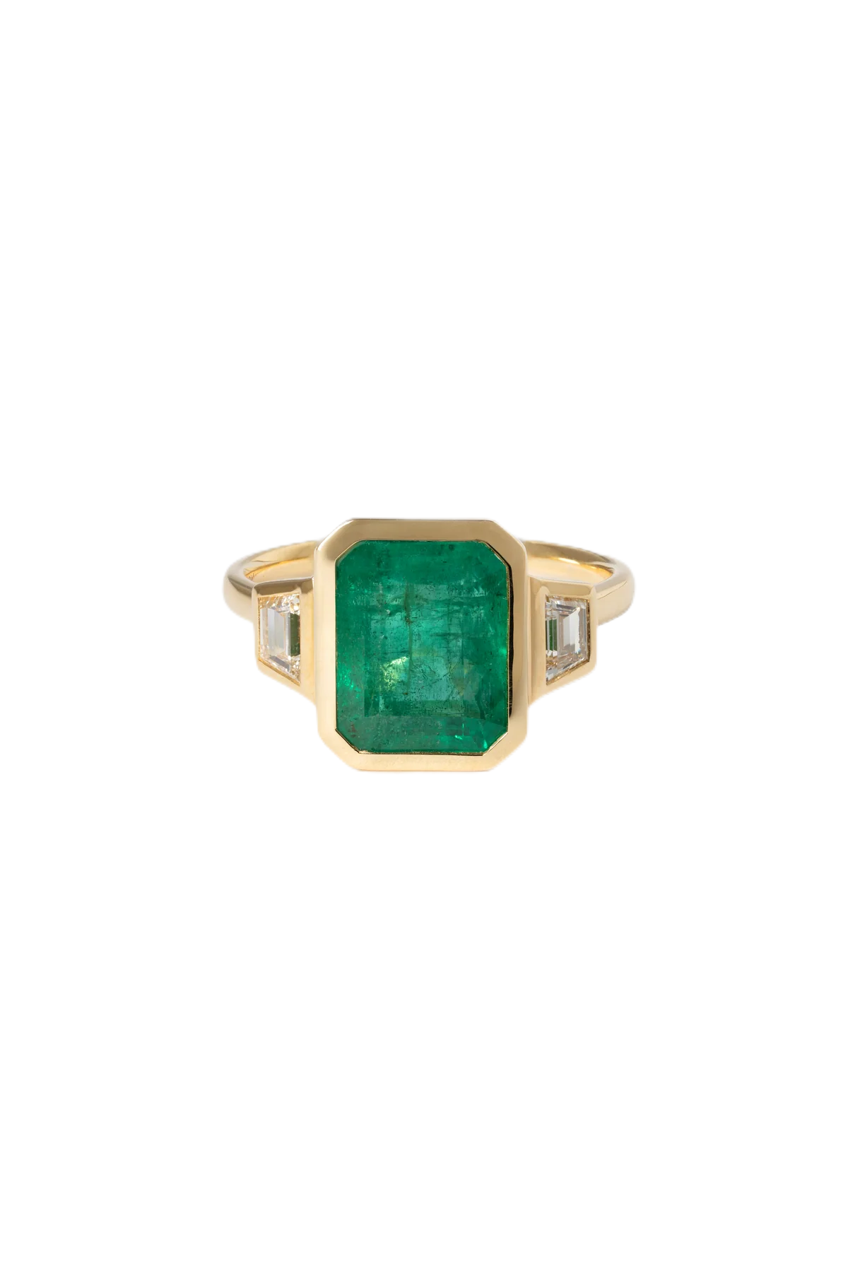 6.64 EMERALD AND DIAMOND THREE-STONE RING
